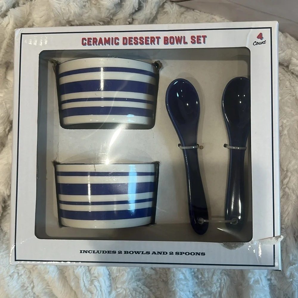 Ceramic Dessert Bowl Set with Spoons Nantucket Blue Stripes New in box